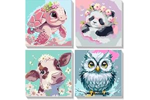 PUJEKNM 4 Pack Animal Paint by Numbers for Children with Wooden Frame-Turtle Owl Cow Panda Paint by Numbers Kids Ages 4-8-12,DIY Painting by Numbers for Kids Acrylic Oil Canvas for Home Wall Decor(8X8inch)