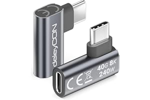 deleyCON Adapter USB-C Kątowy Płaski 90° (2 Szt.) - 40 Gbps, 240 W, 8K60Hz, USB 4.0, Aluminiowa Obudowa, Wtyk C do Gniazda C - do Smartfona, Tabletu, Laptopa, MacBooka, PS5 itp.