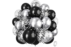 ISNDARE Black and Silver Balloons, 12 Inch Metallic Chrome Black Silver Confetti Latex Helium Balloons for Men Boys Birthday Baby Shower Wedding Engagement Halloween New Year Bachelorette Party Decorations
