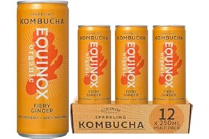 Equinox Kombucha Fiery Ginger (12 x 250ml) | Brewed in UK with SCOBY, Green Tea & Raw Cane Sugar | Sparkling Live Cultured Probiotic Drink for Gut Health | No Sweeteners & 100% Natural