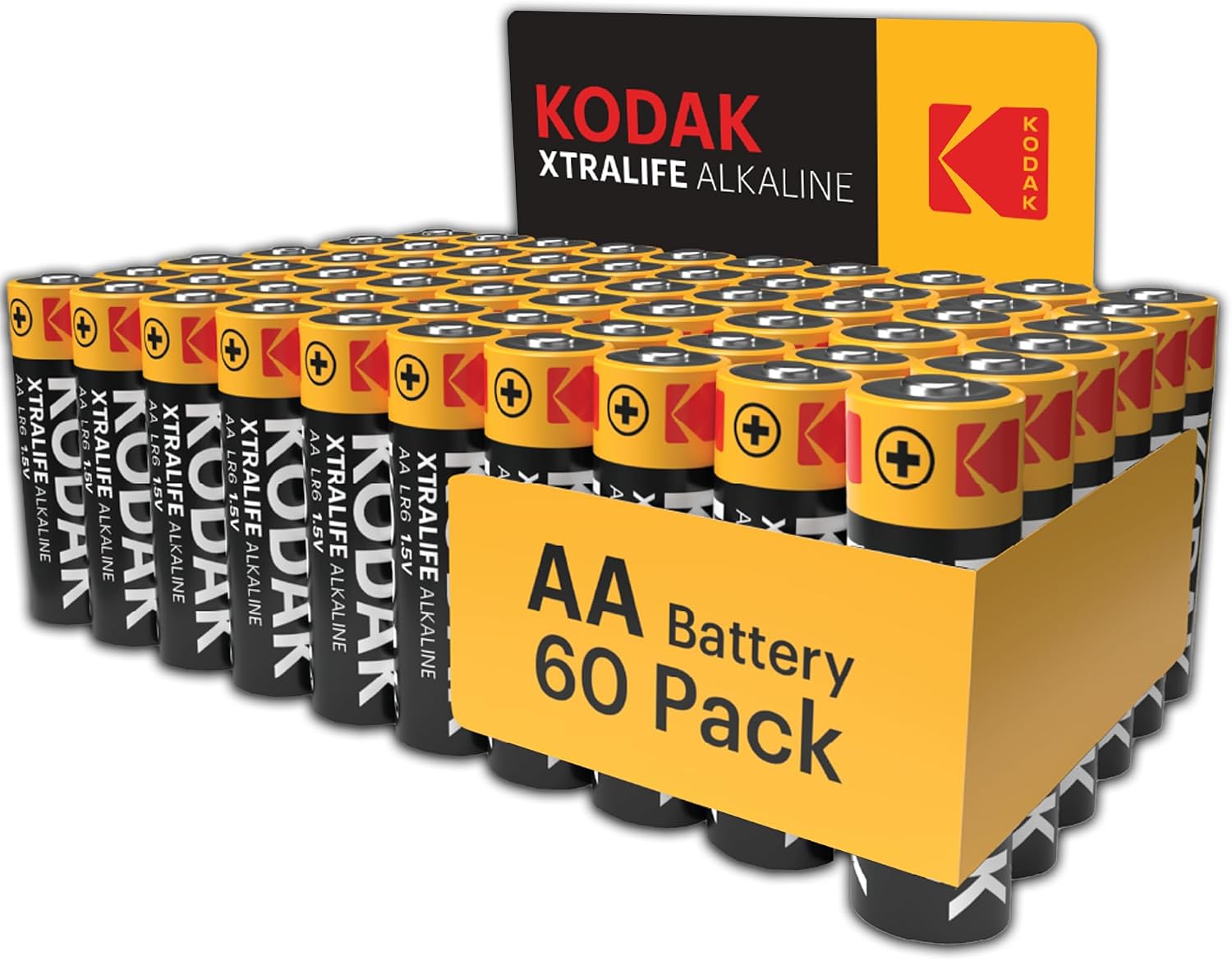 Kodak Xtralife 60-Pack AA Batteries, Double A Alkaline Battery Pack, 1.5V, 10-Year Shelf Life, LR6, Ideal for High-Drain Devices, 12x More Power, Plastic Free Cardboard Outer Carton