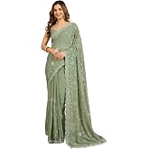TRENDMALLS Women's Geogette Embroidery Zarkan Work Saree with Unstitched Blouse Piece (K1238-LightGreen)