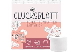‎GLÜCKSBLATT Glücksblatt Toilettenpapier SAMTWEICH, 4-lagig, 48 Rollen x 130 Blatt, 100% Zellstoff, superweiches Klopapier mit Glücks-Prägung, WC Papier, ideal für Camping, Verpackung aus mindestens 30% PCR-Anteil