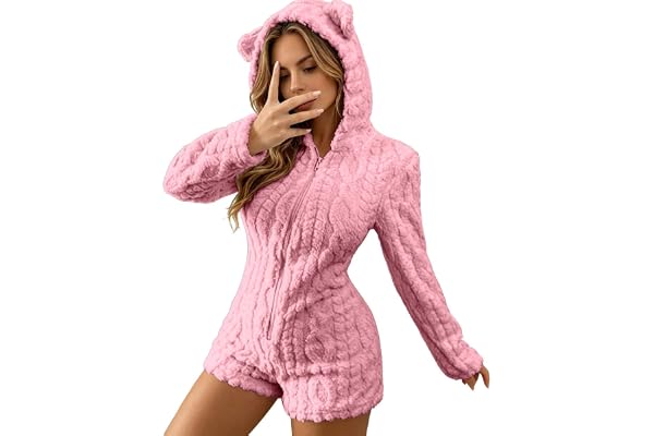 Fleece sparkdräkt med huva söt björnöron vinter nattkläder overall | Plysch korall fleece varma björnöron sparkdräkt vinter nattkläder