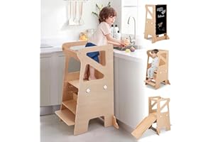 JOLIE VALLÉE TOYS & HOME Wooden Kitchen Step Helper Learning Standing Tower with Slide 3 Levels Adjustable Heights Standing Step with Chalkboard Multifunctional Kids Step Stool Suit for Kitchen Counter and Children's Room