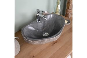 ‎WOHNFREUDEN 50 cm ovales Naturstein Waschbecken in grau mit Hahnloch von WOHNFREUDEN - Mit Unikatauswahl