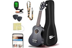 Everjoys Ukulele Soprano per Principiante Adulto Ukulele da 21 Pollici con Borsa, Accordatore, Corde Aggiuntive, Cinturino, Plettri, Nero