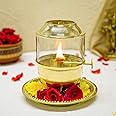 Ekhasa Pure Brass Akhand Jyot Diya with Adjustable Bati Knob, Wick Lifting Screw Lever, Glass Cover (Medium Size, 150 ml Oil Capacity, Stay Lit for 24 Hours, Wick Included, Authentic Borosilicate)