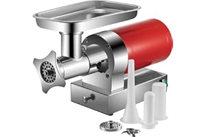 VEVOR Picadora de Carne Eléctrica, 300 kg/Hora, 1100 W, 1,5 HP con 2 Placas de Molienda, Kit para Salchichas, Picadora de Carne Resistente, Uso Doméstico, Cocina y Comercial, 54 x 22 x 32 cm, Rojo