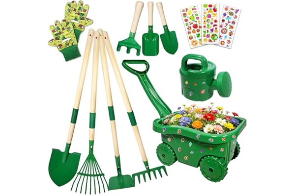 Brouette pour Enfants, 13pcs Brouette Jardin, Kit de Jeu avec Outils de Jardinage pour Enfants, Outillage de Jardin pour Enfants avec Brouette, Bêche, Autocollants, Rateau, pour Plage(A)