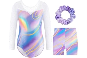 Boteria Gymnastics Leotards for Girls with Shorts Set,Long Sleeveless Dance Leotard Sparkle Dancewear for Kids 3-13 Years