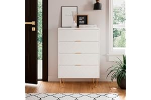 HEYZOEY Kommode Weiß, Sideboard mit 4 Schubladen, Hoch Schrank aus Holz, Schubladenschrank mit Gold Bein, Modern Boho Beistellschrank für Schlafzimmer, Flur, Wohnzimmer, Weiss