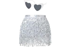 LUFDEGIM Damen Pailletten Rock Quaste Glitzerrock Hüft Pailettenrock Rave Röcke Gläser Set Fransenrock für Tanz Club Halloween Kostüm