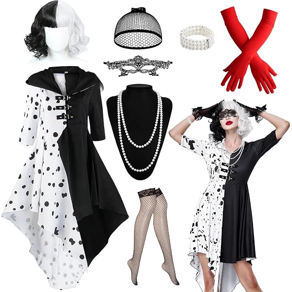 Costume Cruella Devil Complet Pour Femme - Robe à Pois, Perruque Noir Et Blanc, Masque, Gants, Collier - Halloween, Cosplay