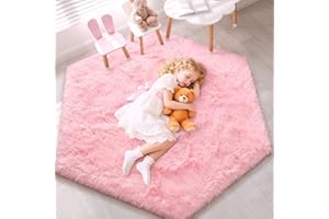 EVOIONOS Pink Hexagon Rug for Princess Tent, Fluffy Area Rug for Kids Room, 4x4.6 Feet for Girls Tent, Furry Soft Nursery Rug, Fuzzy Plush Carpet for Teen Girls Bedroom