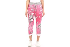 URBAN FASHION Crazy Fashion Women’s Ladies Denim Joggers Star Printed Sweatpants Floral Ribbed Waistband Trousers Ladies Casual Summer Italian Gym Running Pants Plus Size 8-26