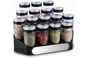SNADI Set x 16 barattoli spezie con coperchio + vassoio per conservare, 3 opzioni di dimensioni di fori per la dispersione, design esclusivo ed elegante, colore argento con nero