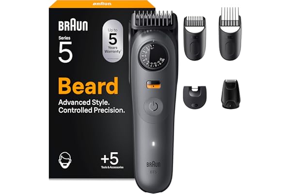 Braun Tondeuse A Barbe Electrique Pour Hommes Series 5 BT5525, Gris, Etanche, Coffret De Rasage Avec +5 Outils De Barbier, Lame Ultra-Affutée, 40 Longueurs Pour Raser Le Visage, Kit Avec 3 Sabots