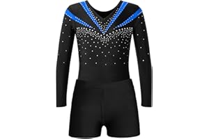 Jugaoge Mädchen Turnanzug Strasssteine Gymnastikanzug Langarm Trikotanzug mit Bein Sport Yoga Fitness Training Shorts Kurze Hose Tanz Kleidung Set