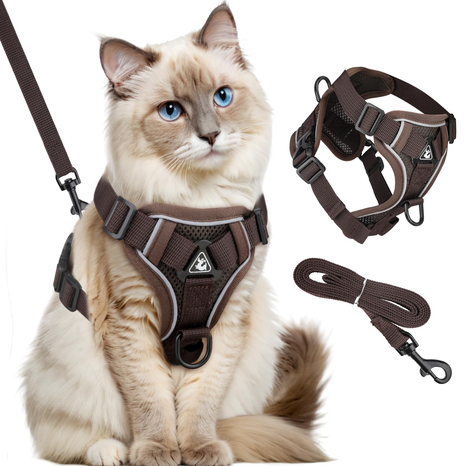 GlasFlength Arnés para Gatos con Correa, a Prueba de roturas, Correa para Gatos con arnés Ajustable para Gatos, Juego de arnés Suave para Gatos con Rayas Reflectantes (café-L)