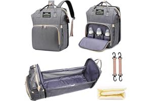 Hykiee Wickelrucksack Baby Wickeltasche Rucksack Groß, Mommy Diaper Bag mit Bettfunktion, Wickelunterlage und Kinderwagengurten, Windeltasche für Mama und Papa, Grau