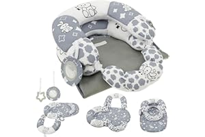 KTCINA 3 in 1 Baby Tummy Time Mat & Seated Support Playmat Baby Seated Support Pillow with Detachable Early Sensory Toys Sensory Developmental Playmat for 0 1 2 3 4 5 6 Months Toddler (Grey)