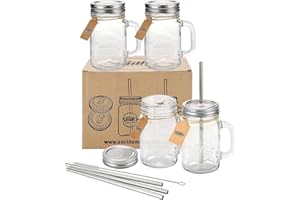 Smiths Mason Jars 16oz/473ml 4 Pack Glass Jars with Lids, Metal Straws and Handles - Perfect Overnight Oats Jar, Smoothie Cup - Good for Milkshake, Lemonade, Ice Coffee & Overnight Oats