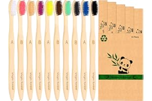 Virgin Forest 10 cepillos de dientes de bambú, cerdas suaves para adultos, cepillos de dientes de madera natural respetuosos con el medio ambiente, cepillo de dientes de viaje de bambú orgánico vegano