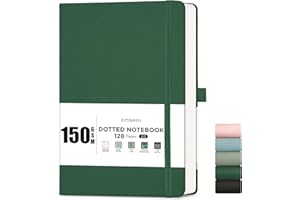 EMSHOI A5 Notebook Dotted Journal - 150gsm Thick Paper, Hardcover Leather Dot Grid Notebook for Bullet Journaling with 128 Pages, Journal Stencils, Inner Pocket, 21.3 x 15 cm, Dark Green