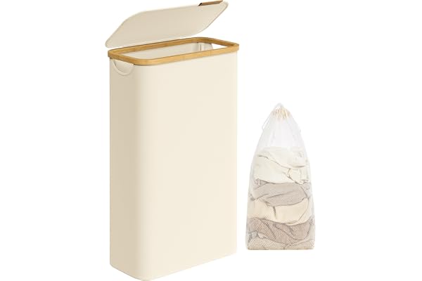 SONGMICS Tvättkorg med lock, 65 L tvättkorg, platsbesparande, löstagbar tvättpåse, Oxford-tyg, bambuhandtag, hopfällbar, 42 x
