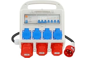 VELPAX Distributore di corrente CEE 400V 32A, 4 uscite 230V, 2 circuiti 16A, 1 circuito 32A, protezione FI, distributore di potenza IP54, per cantieri edili