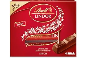 ‎LINDT Lindt Schokolade | LINDOR Milch Sticks | 100g | 4 Schokoladen-Sticks aus Vollmilch-Schokolade mit zartschmelzender Füllung | Schokoladen-Stick