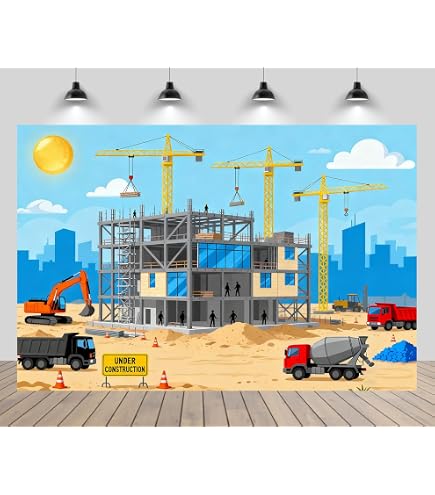 Sfondo Per Feste 7x5ft Con Escavatori E Cantiere - Tessuto Poliestere Per Compleanni Di Bambini - 3