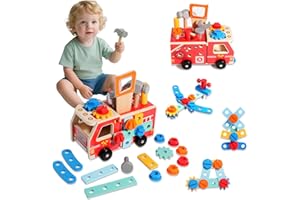 MonteSpi Juguete Montessori para Niños 2 3 4 5 Años - Maletín de Herramientas de Madera Estilo Coche 32 Piezas, Fabricación de Troncos, Desarrollo Motricidad Fina y Creatividad, Regalo Cumpleaños