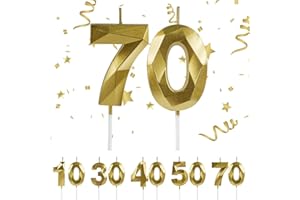 URAQT 70th Birthday Candles, Number 70 Candles, 3D Shape Gold Candle, Birthday Candle for Cake, Cake Topper Decorative for Anniversary, Wedding, Graduation Parties, Birthday Party