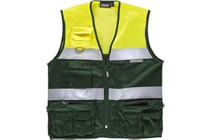 WORKTEAM Work Team Chaleco Tipo Safari Multibolsillos Bicolor, con Dos Cintas de Alta Visibilidad. Hombre Verde Oscuro+Amarillo A.V.