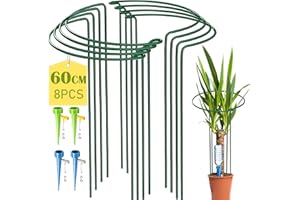 KAZITOO 8 Pack Large 60cm Tall Bow Plant Support Stakes, Strong Metal Garden Supports Half Round Flower Hoops with 4 Self Watering Spikes for Peonies, Hydrangea, Interlinking to Make Rows, Circles