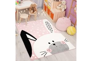 ‎CARPET CITY carpet city Kinderteppich Bubble Kids Flachflor Schlappohr-Hase, weiß gepunktet in Rosa für Kinderzimmer; Größe: 80x150 cm