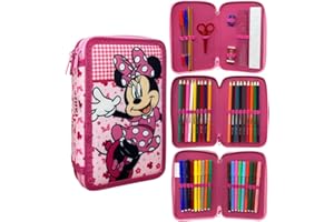 CARTOON Astuccio 3 zip Minnie Disney completo 44 pezzi cancelleria multiscomparto penne matite colori pennarelli giotto per la scuola