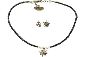 Alpenflüstern Trachtenschmuck-Set Filigran Perlen-Trachtenkette und Trachten-Ohrstecker Strass-Edelweiß - Damen-Trachten-Schmuck antik-Gold-Farben, Trachtenset in schwarz und Creme-weiß SET014