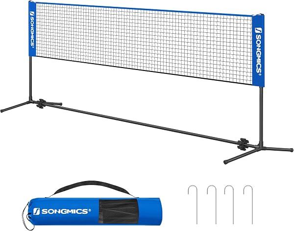 SONGMICS Red de Bádminton de 4 m, Red de Voleibol con Postes Ajustables en Altura, Red Portátil para Tenis Juvenil, Voleibol de Playa, para Jardín, Parque al Aire Libre, Azul SYQ400 - 1
