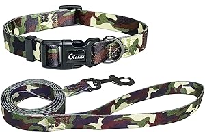 Olahibi Basic Dog Collar and Leash Combo Set, Green Camouflage Pattern, Polyester Webbing, Collar and 150CM Matching Leash for Medium Dogs.(M, Camouflage Set)