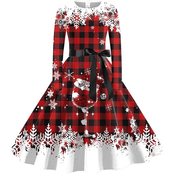 Robe De Noël Vintage Années 50 - Imprimé Père Noël, Col V, Manches Longues, évasée, Pour Fêtes (tailles S-XXXL)