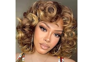 PORSMEER Perruque Afro Femme Naturelle Courte avec Frange Perruque de cheveux bouclés,Couleur marron et blond frisée fibre synthétique résistante à la chaleur,perruque bouclée lâche noire