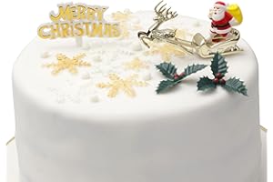 EVELAY Christmas Cake Decorations Toppers 4 Piece Set – Merry Christmas Sign, Santa on Sleigh & 2x Holly – Non-Edible Reusable 3D Cupcake Topper