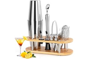 FoiiLiio 12 Piezas Juego de Coctelera, 750 ml, Coctelera Boston Profesional para Cócteles, Coctelera Kit de Cócteles Edelstahl con Soporte de Bambú para Bar, Casa, Elección, Set Coctelería