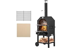 Outsunny Outdoor Garden Pizza Oven Charcoal BBQ Grill 3-Tier Freestanding w/Chimney, Mesh Shelf, Thermometer Handles, Wheels