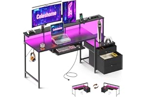 Coleshome Scrivania Gaming con LED e Prese, 140x48cm Scrivania con 2 Cassetti, Tavolo Computer Reversibile con Supporto Monitor e Vassoio per Tastiera Ufficio Casa, Nero