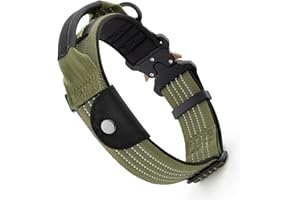 Plutus Pet Tactical Dog Collar with Tracker Packet for AirTag, Adjustable Reflective Nylon Collar, Metal Buckle, Leather-Wrapped Handle, Soft Padded for Medium Large Dogs (Ranger Green, L)