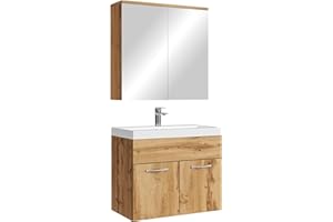 BADPLAATS B.V. Badplaats Badmöbel Komplettset Montreal 60 x 35 cm Eiche - Badezimmermöbel mit Waschbecken und Spiegelschrank